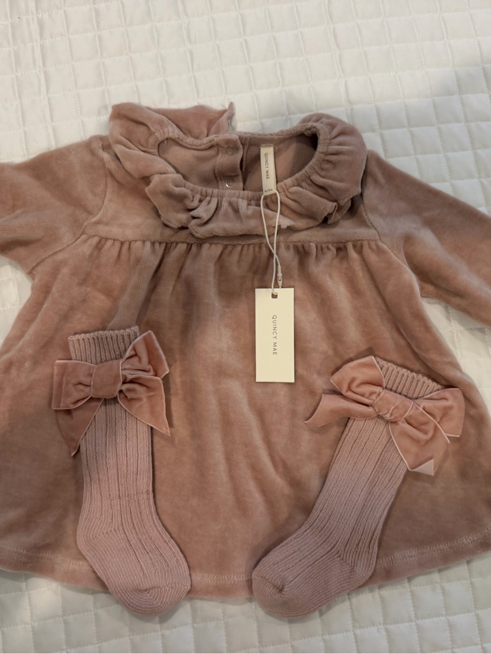 Quincy Mae Velour Dress with Matching Socks - Blush 6-12